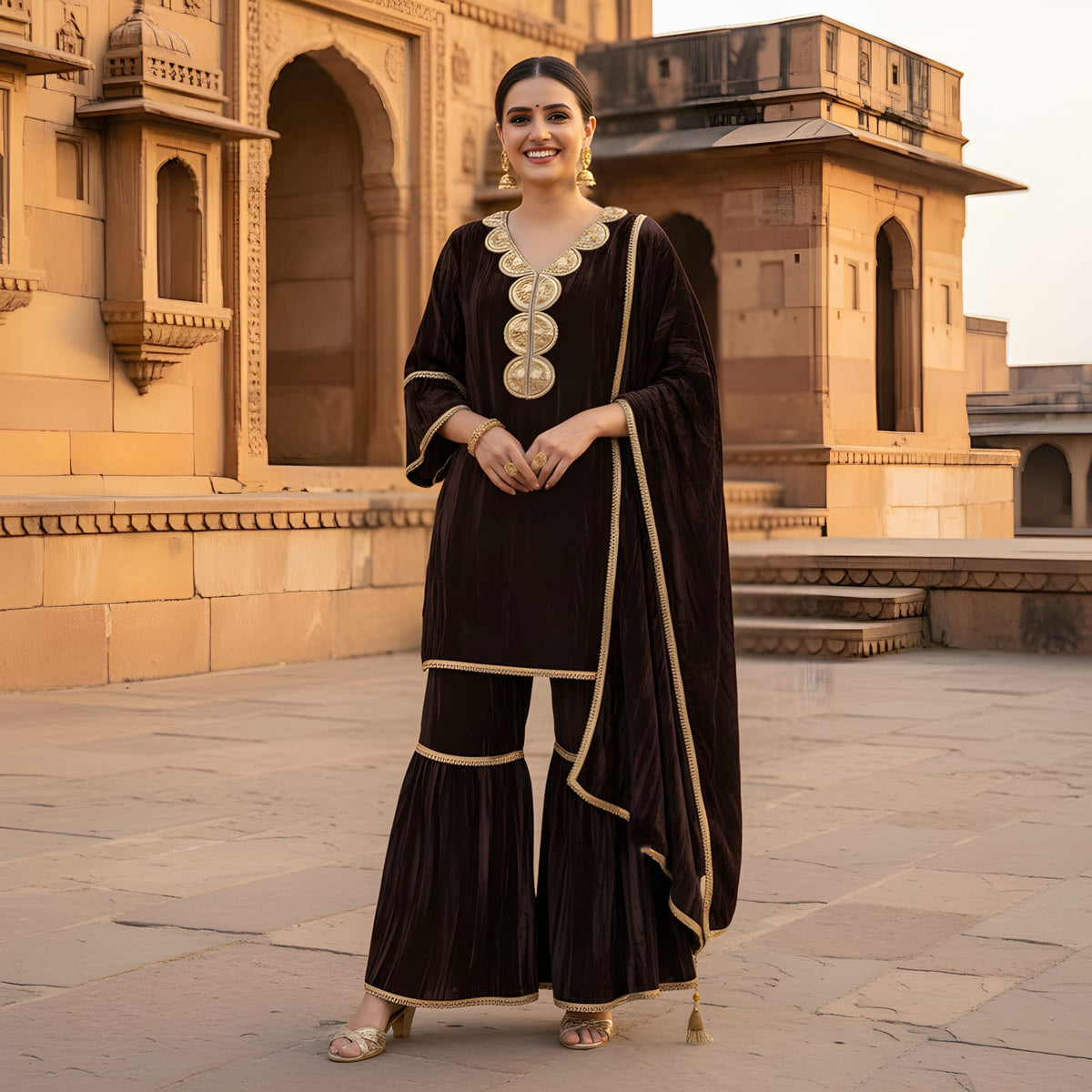 Ashnaina Luxury Crush Velvet Co-Ord Set with Sharara & Dupatta