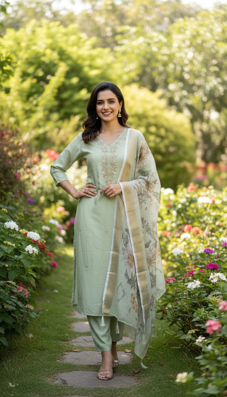 Ashnaina Vertican Adda Work Kurti Set with Digital Dupatta