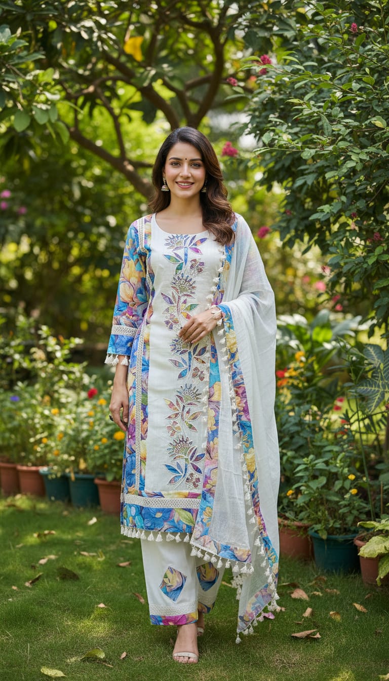 Ashnaina Pure Printed Cotton Cambric 3Pcs Set (Kurti+Plazo+Dupatta)