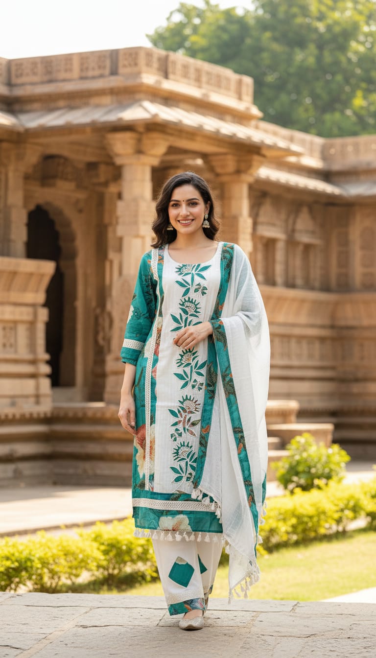 Ashnaina Pure Printed Cotton Cambric 3Pcs Set (Kurti+Plazo+Dupatta)